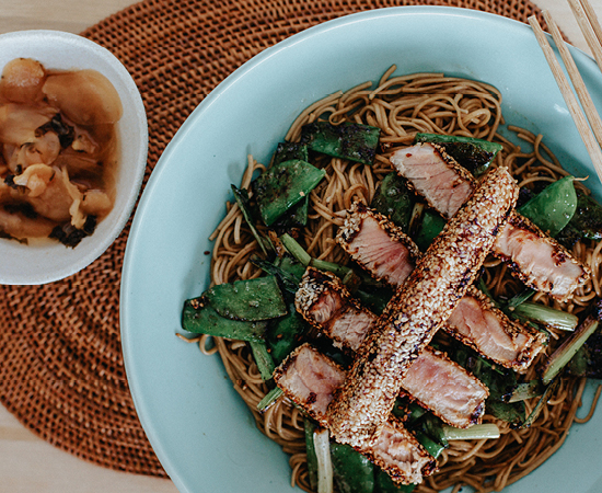Seared Sesame Tuna with Greens, Soba Noodles and Pickled Ginger