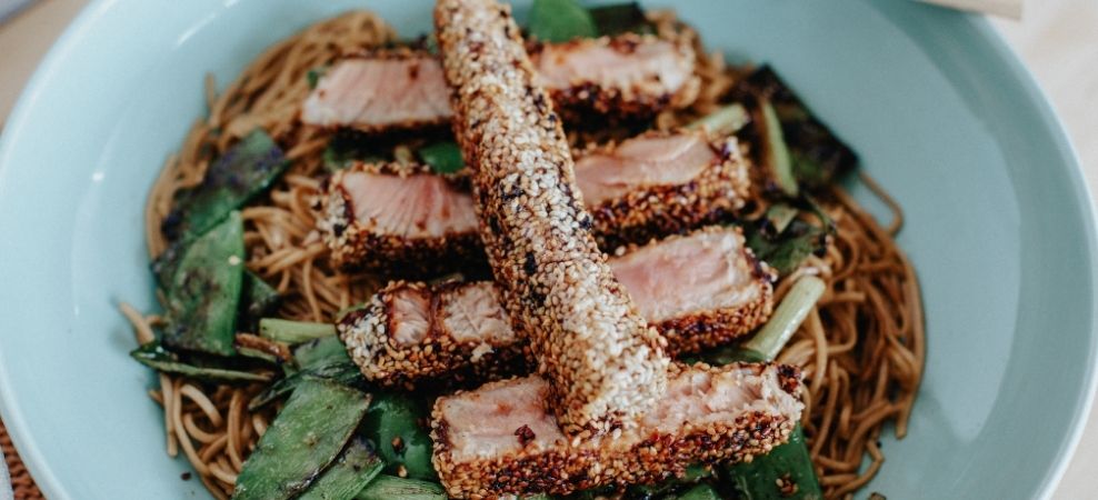 Seared Sesame Tuna with Greens, Soba Noodles and Pickled Ginger